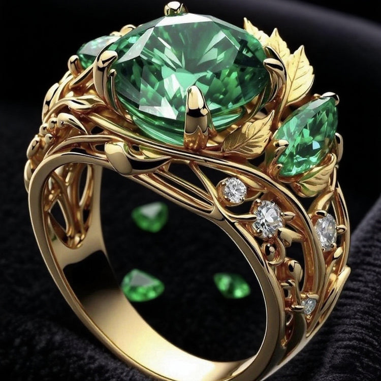 Elegant Emerald And Diamond Ring For Women With A Creative Floral Design - Artigo Importado