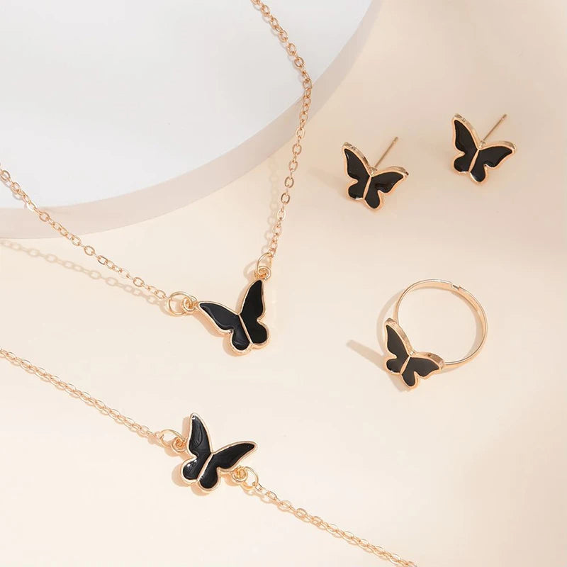 5PCS Fashion Butterfly Pendants Necklace Earrings Ring Bracelet Sets For Women Jewelry Set Bridal Wedding Jewelry Gift - Artigo Importado