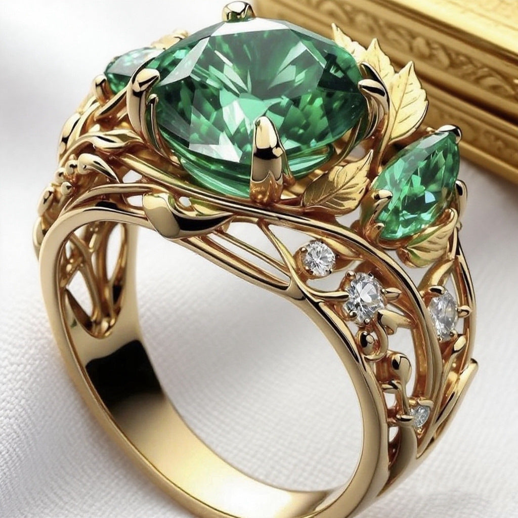 Elegant Emerald And Diamond Ring For Women With A Creative Floral Design - Artigo Importado
