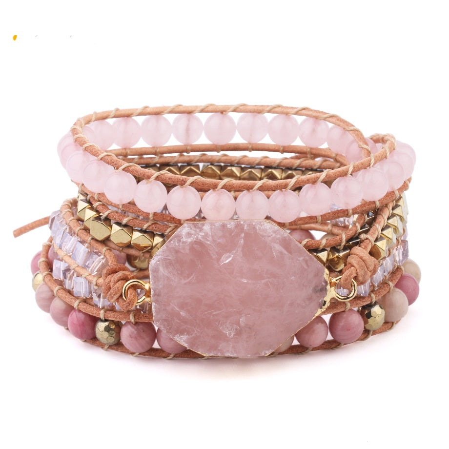Natural Stone Bracelet  Quartz Leather Wrap Bracelets For Women Rose Gems Beads Jewelry 5 Strand - Artigo Importado