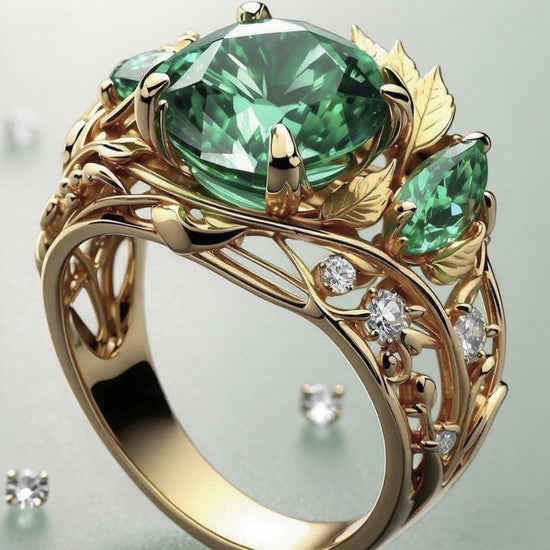 Elegant Emerald And Diamond Ring For Women With A Creative Floral Design - Artigo Importado