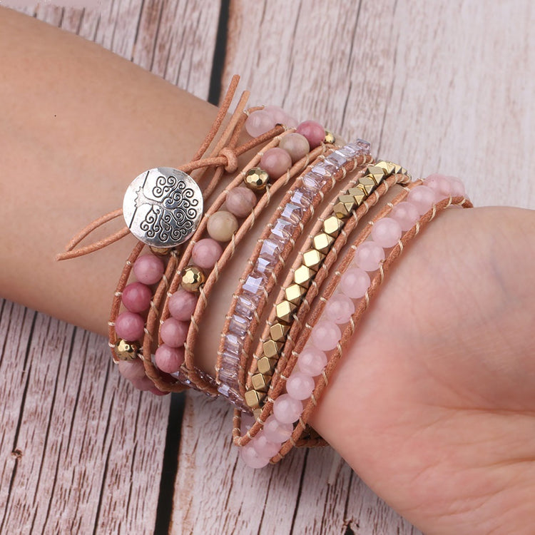 Natural Stone Bracelet  Quartz Leather Wrap Bracelets For Women Rose Gems Beads Jewelry 5 Strand - Artigo Importado