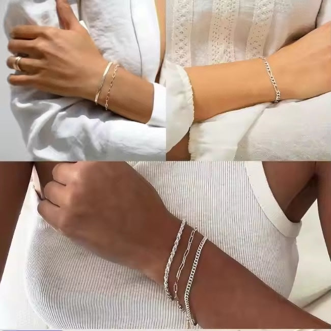 5pcs Silver Bracelets For Women, 14K Silver Plated Dainty Bracelets Set For Women Trendy Adjustable Stackable Bracelets - Artigo Importado