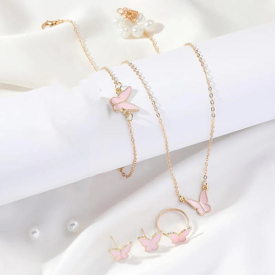 5PCS Fashion Butterfly Pendants Necklace Earrings Ring Bracelet Sets For Women Jewelry Set Bridal Wedding Jewelry Gift - Artigo Importado