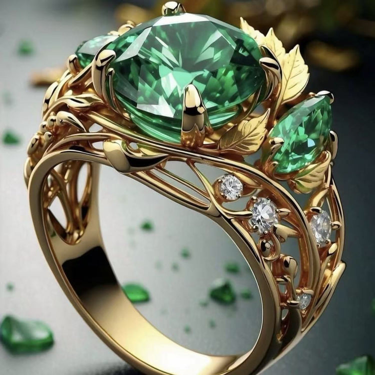 Elegant Emerald And Diamond Ring For Women With A Creative Floral Design - Artigo Importado